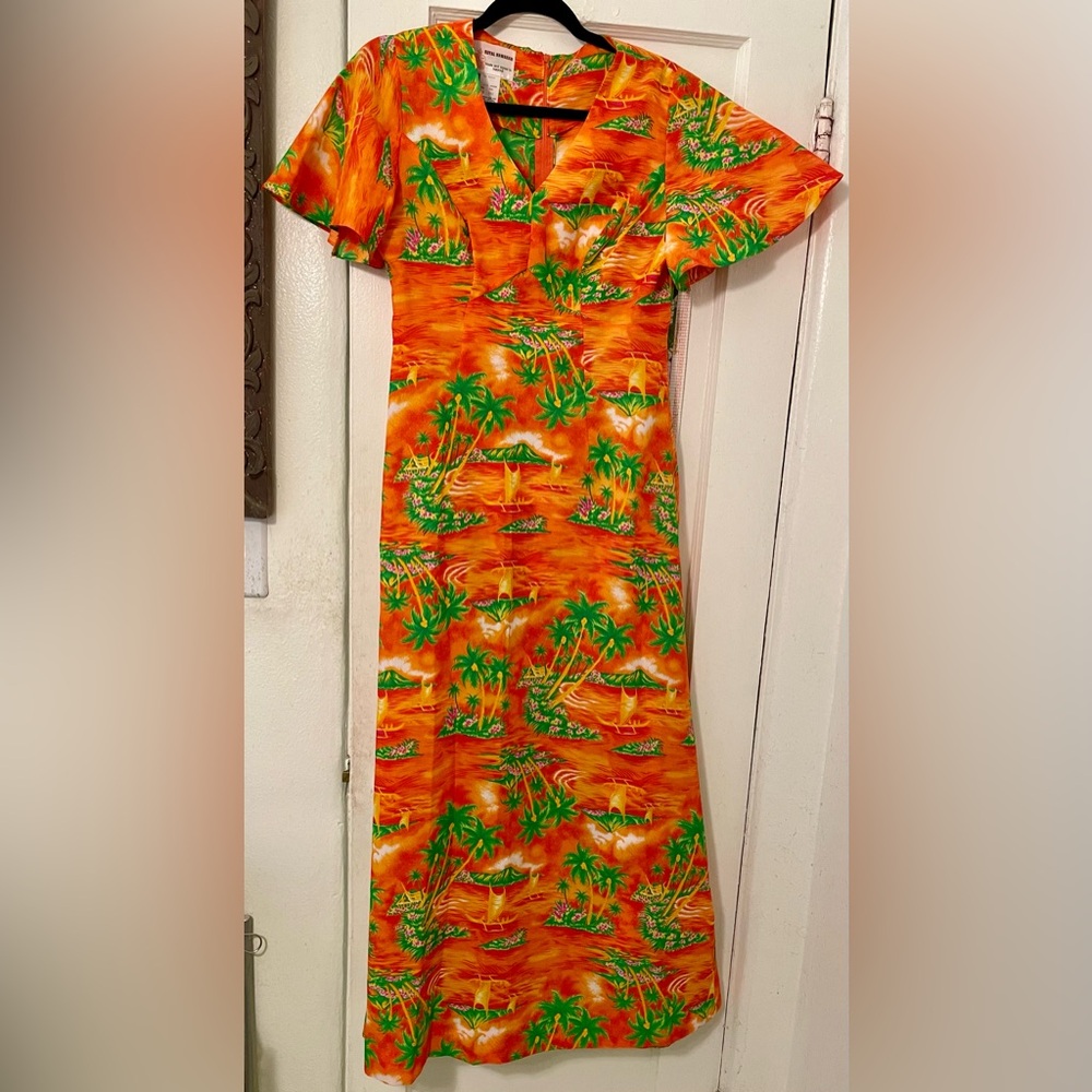 VNTG 70’s Royal Hawaiian Flutter Sleeve Maxi Dress Bright Orange Palm Trees sz14